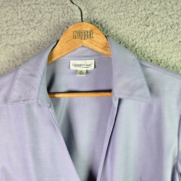 Coldwater Creek Womens Blouse PL Light Blue Wrap Tie Flipped Cuffs Popped Collar - Picture 7 of 14